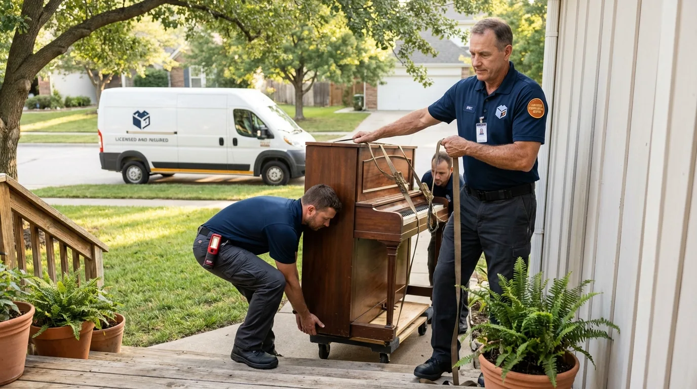 Licensed piano movers securing grand piano in Beverly, MA