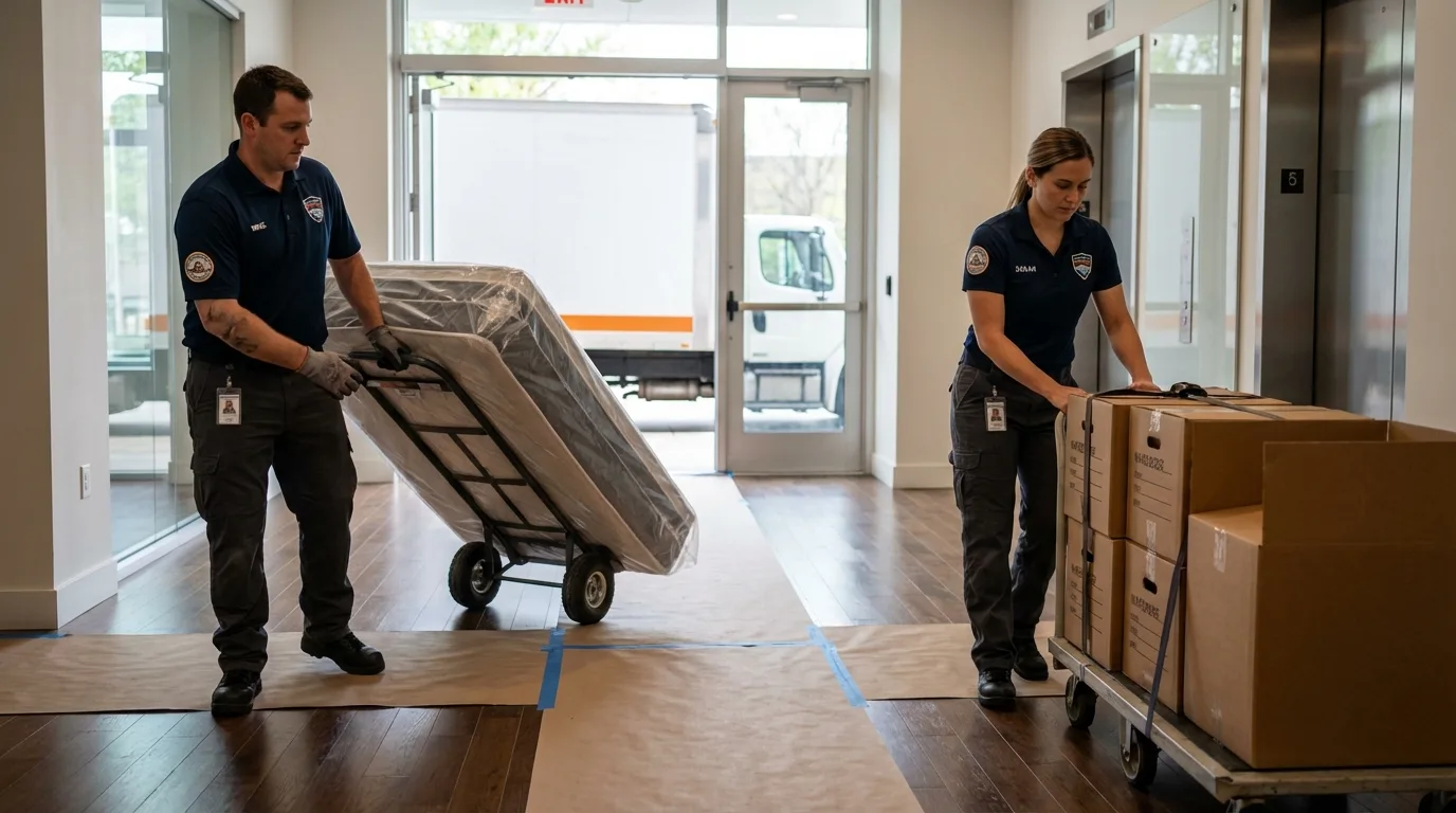 Professional apartment movers loading elevator in Beverly, MA